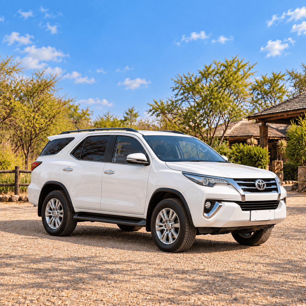 A white Toyota SUV parked on a gravel forecourt