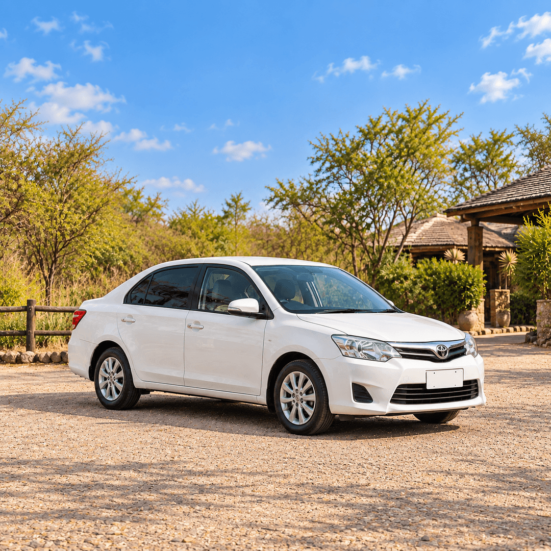A white Toyota sedan parked on a gravel forecourt