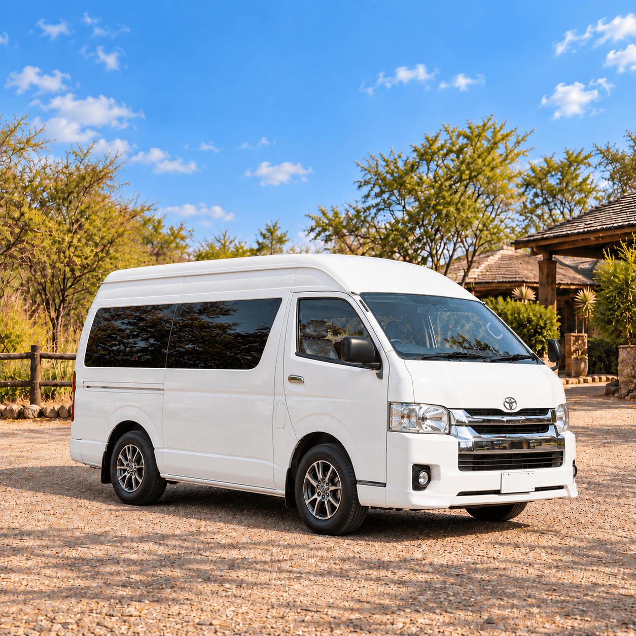 A white Toyota mini van parked on a gravel forecourt